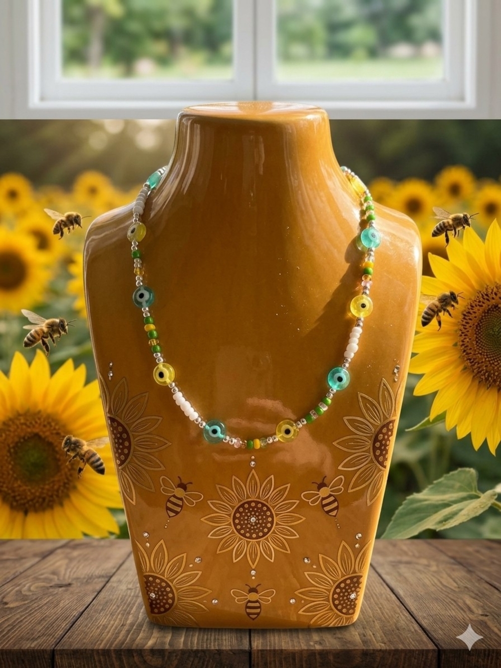 Handmade Green & Yellow Beaded Necklace - Sunflower Inspired